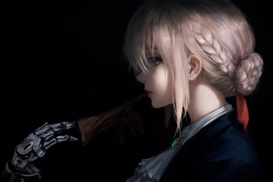 Anime girl with braided blonde hair and a cybernetic hand against a midnight black background in 4K resolution.