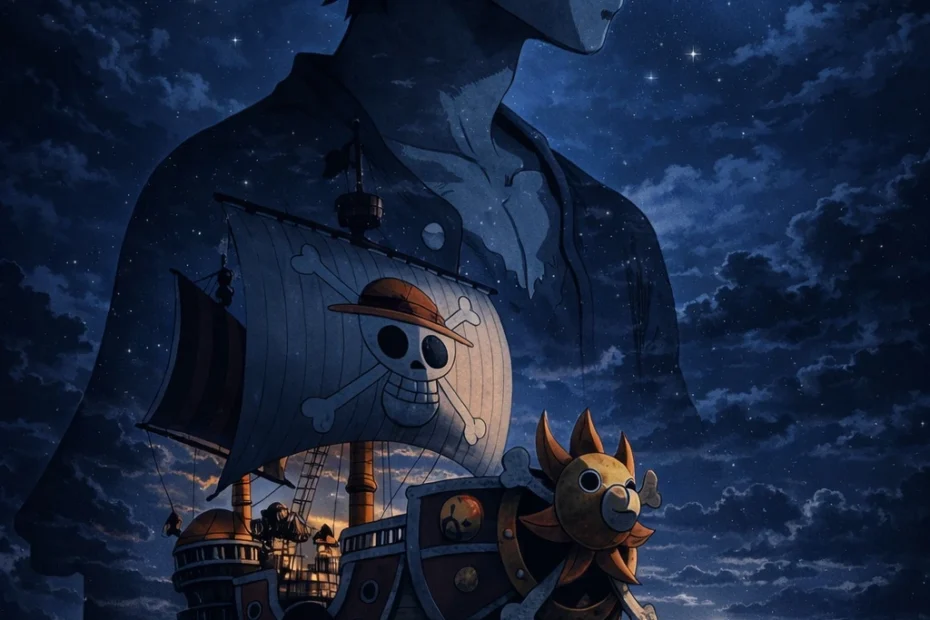 Luffy silhouette 4K night wallpaper with Thousand Sunny sailing on a moonlit ocean under a starry blue sky.