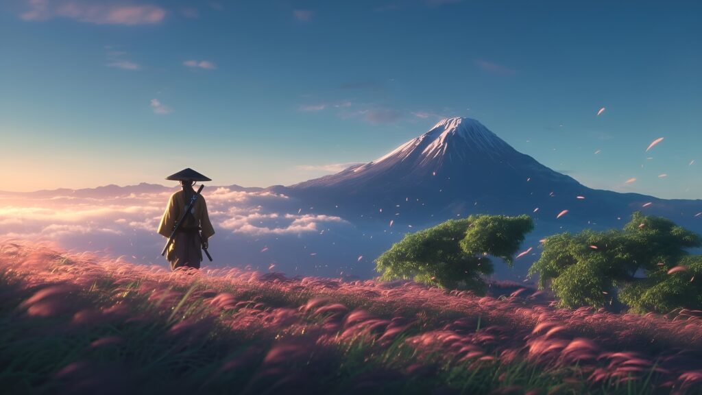 Japanese Samurai in Flower Field with Mount Fuji – 4K Ultra HD PC Wallpaper