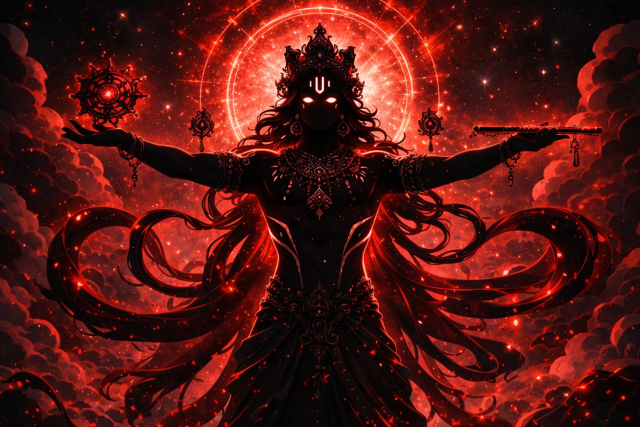 Cosmic Lord Krishna with glowing red aura and divine flute – 4K spiritual wallpaper